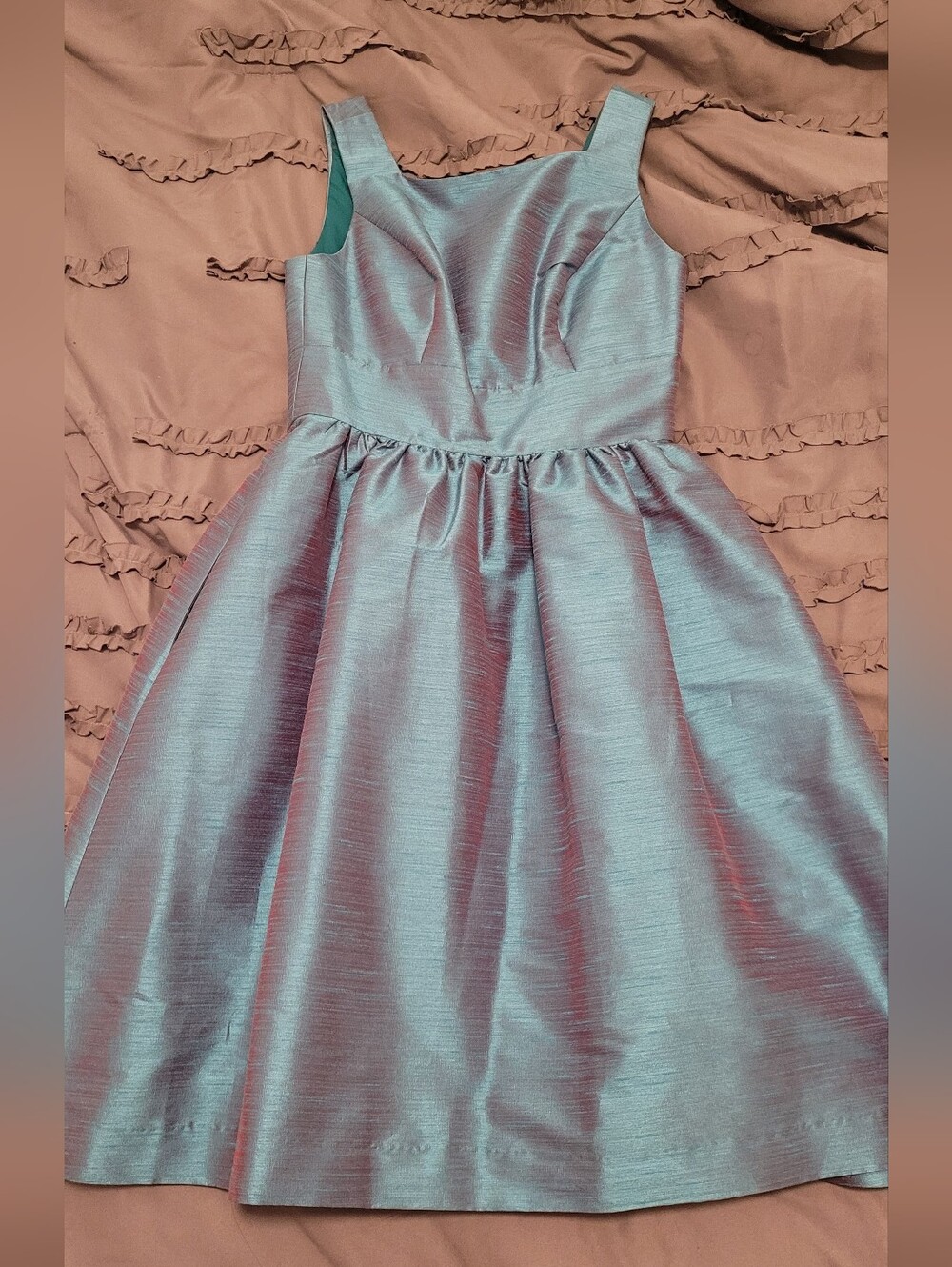 ALFRED SUNG Iridescent Teal Satin Fit-and-Flare Dress